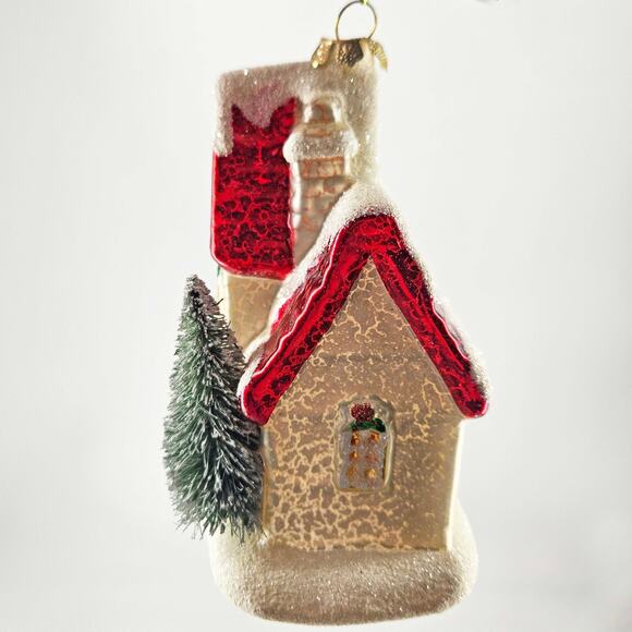 Robert Stanley red cottage house w bottle brush tree Glass Christmas Ornament - Picture 2 of 4